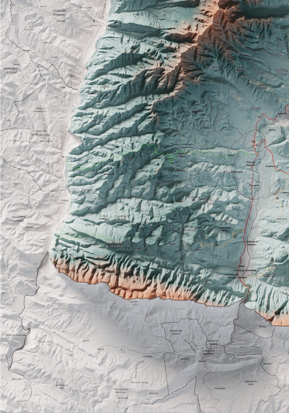 Mapa de relleu del Pallars Jussà, amb el territori en color i l’entorn en blanc. Detall de la part inferior esquerra. 70 × 100 cm. Estil Blau i taronja.