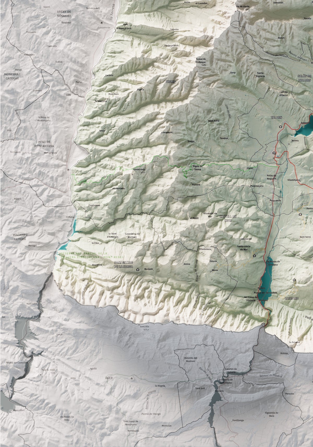 Mapa de relleu del Pallars Jussà, amb el territori en color i l’entorn en blanc. Detall de la part inferior esquerra. 70 × 100 cm. Estil Cartogràfic.