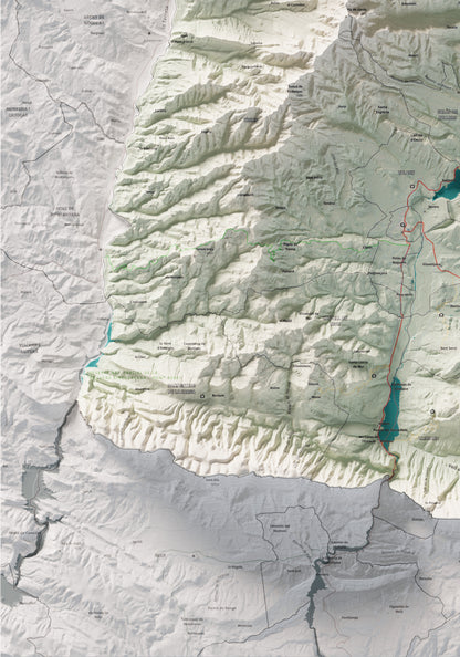 Mapa de relleu del Pallars Jussà, amb el territori en color i l’entorn en blanc. Detall de la part inferior esquerra. 70 × 100 cm. Estil Cartogràfic.
