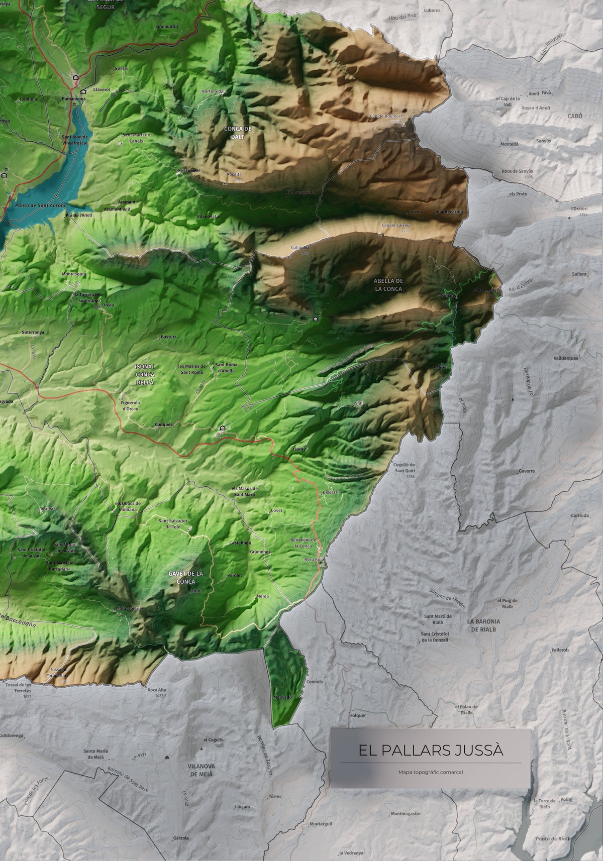 Mapa de relleu del Pallars Jussà, amb el territori en color i l’entorn en blanc. Detall de la part inferior dreta. 70 × 100 cm. Estil Clàssic.