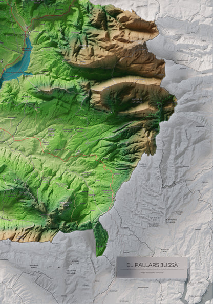 Mapa de relleu del Pallars Jussà, amb el territori en color i l’entorn en blanc. Detall de la part inferior dreta. 70 × 100 cm. Estil Clàssic.