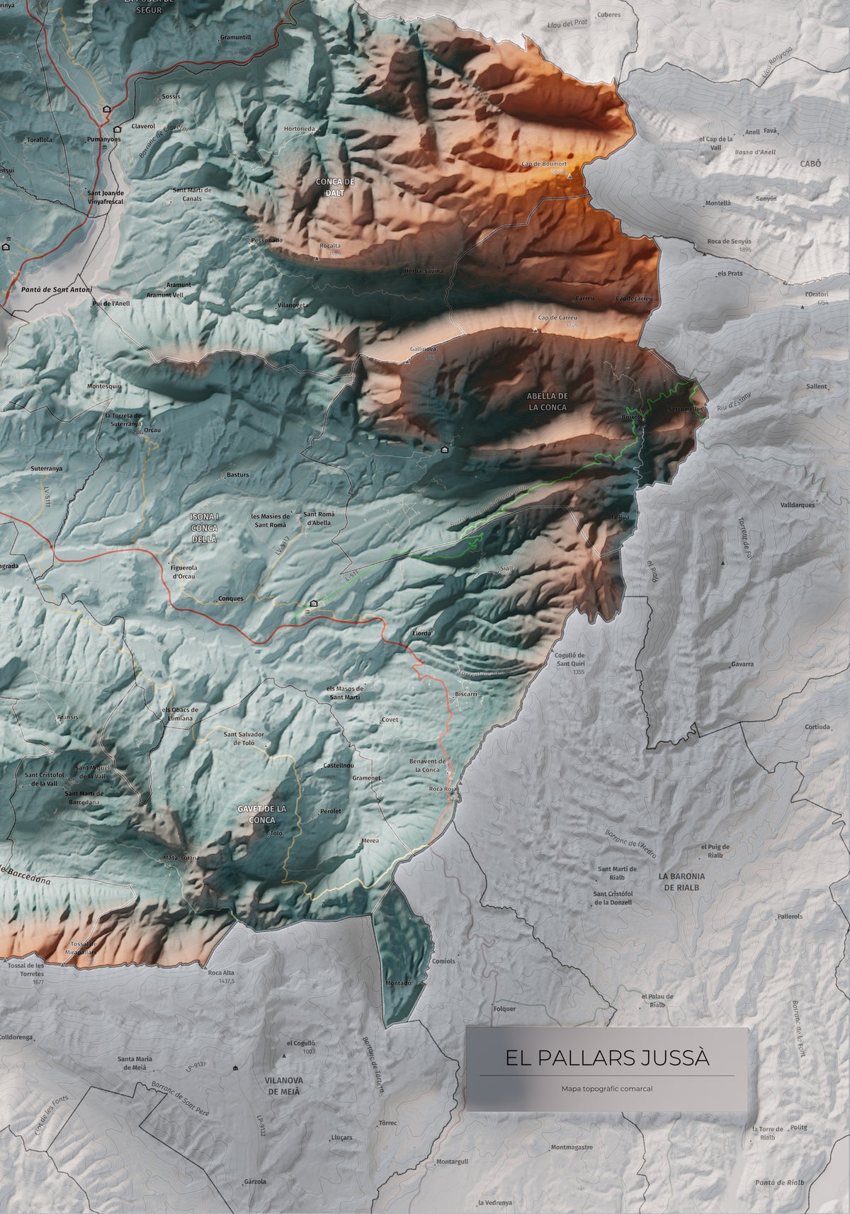 Mapa de relleu del Pallars Jussà, amb el territori en color i l’entorn en blanc. Detall de la part inferior dreta. 70 × 100 cm. Estil Blau i taronja.