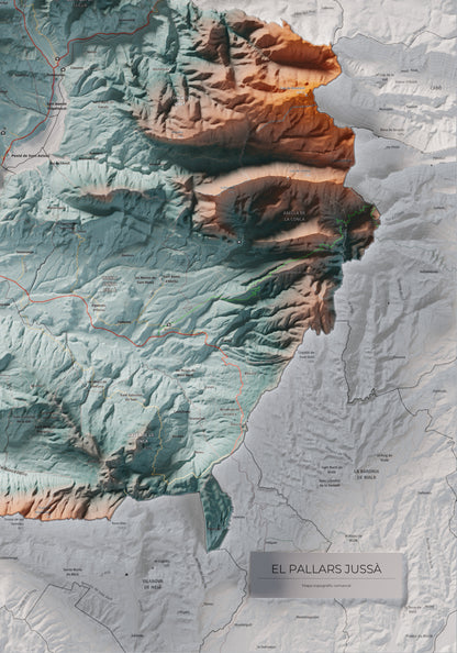 Mapa de relleu del Pallars Jussà, amb el territori en color i l’entorn en blanc. Detall de la part inferior dreta. 70 × 100 cm. Estil Blau i taronja.