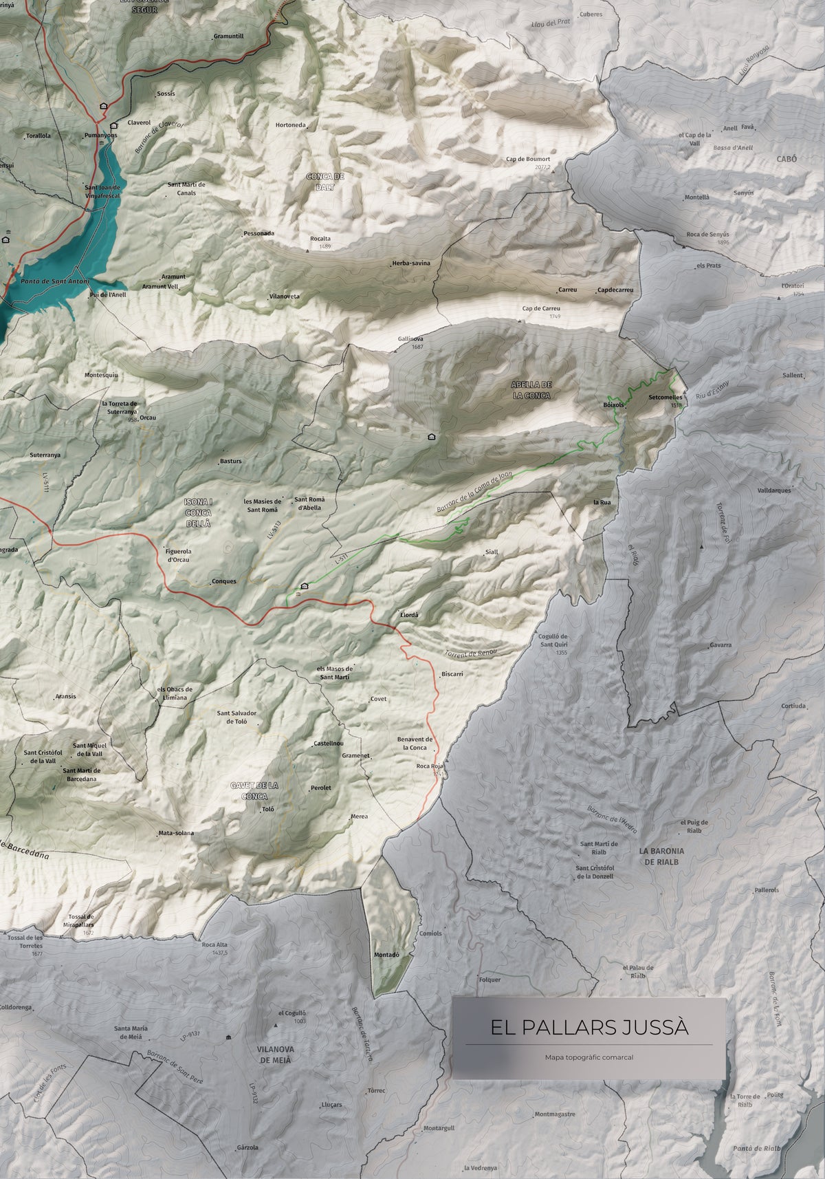 Mapa de relleu del Pallars Jussà, amb el territori en color i l’entorn en blanc. Detall de la part inferior dreta. 70 × 100 cm. Estil Cartogràfic.