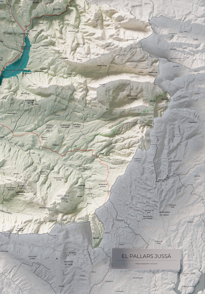 Mapa de relleu del Pallars Jussà, amb el territori en color i l’entorn en blanc. Detall de la part inferior dreta. 70 × 100 cm. Estil Cartogràfic.