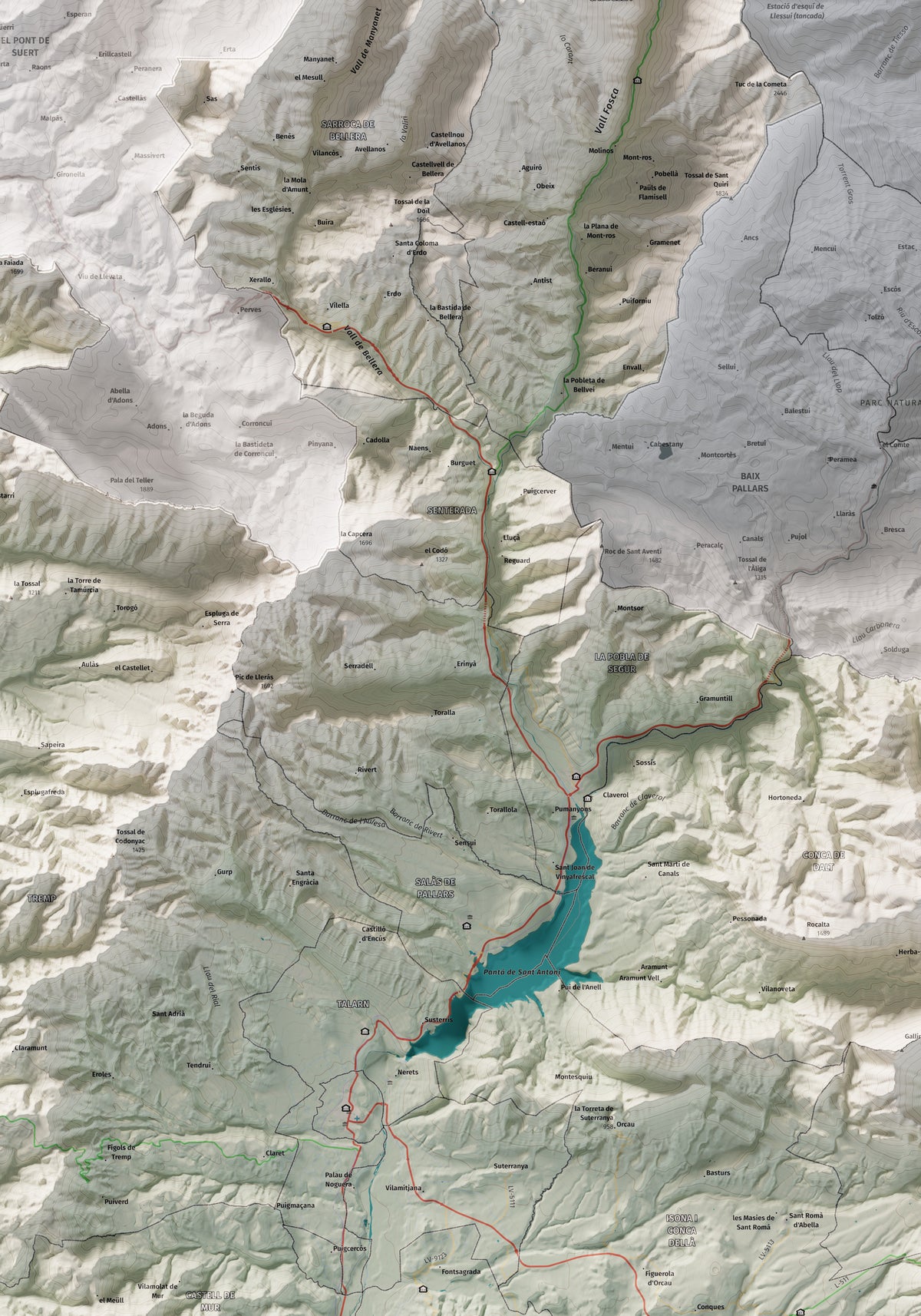 Mapa de relleu del Pallars Jussà, amb el territori en color i l’entorn en blanc. Detall de la part central. 70 × 100 cm. Estil Cartogràfic.