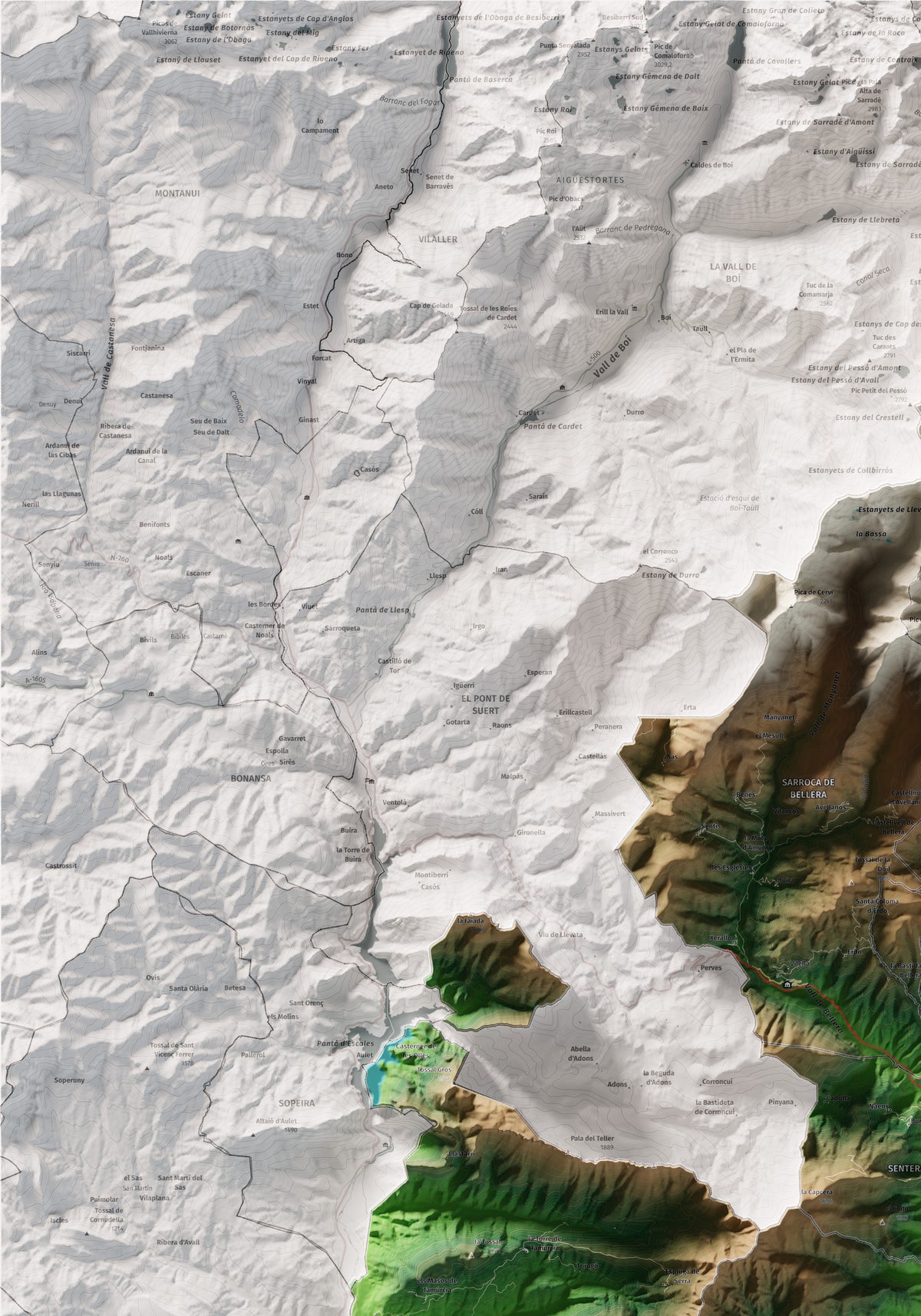 Mapa de relleu del Pallars Jussà, amb el territori en color i l’entorn en blanc. Detall de la part superior esquerra. 70 × 100 cm. Estil Clàssic.