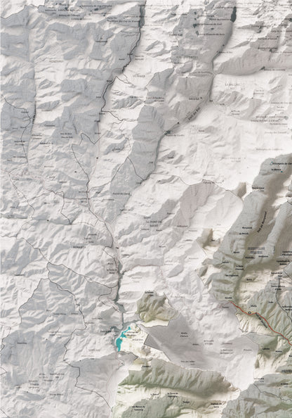 Mapa de relleu del Pallars Jussà, amb el territori en color i l’entorn en blanc. Detall de la part superior esquerra. 70 × 100 cm. Estil Cartogràfic.