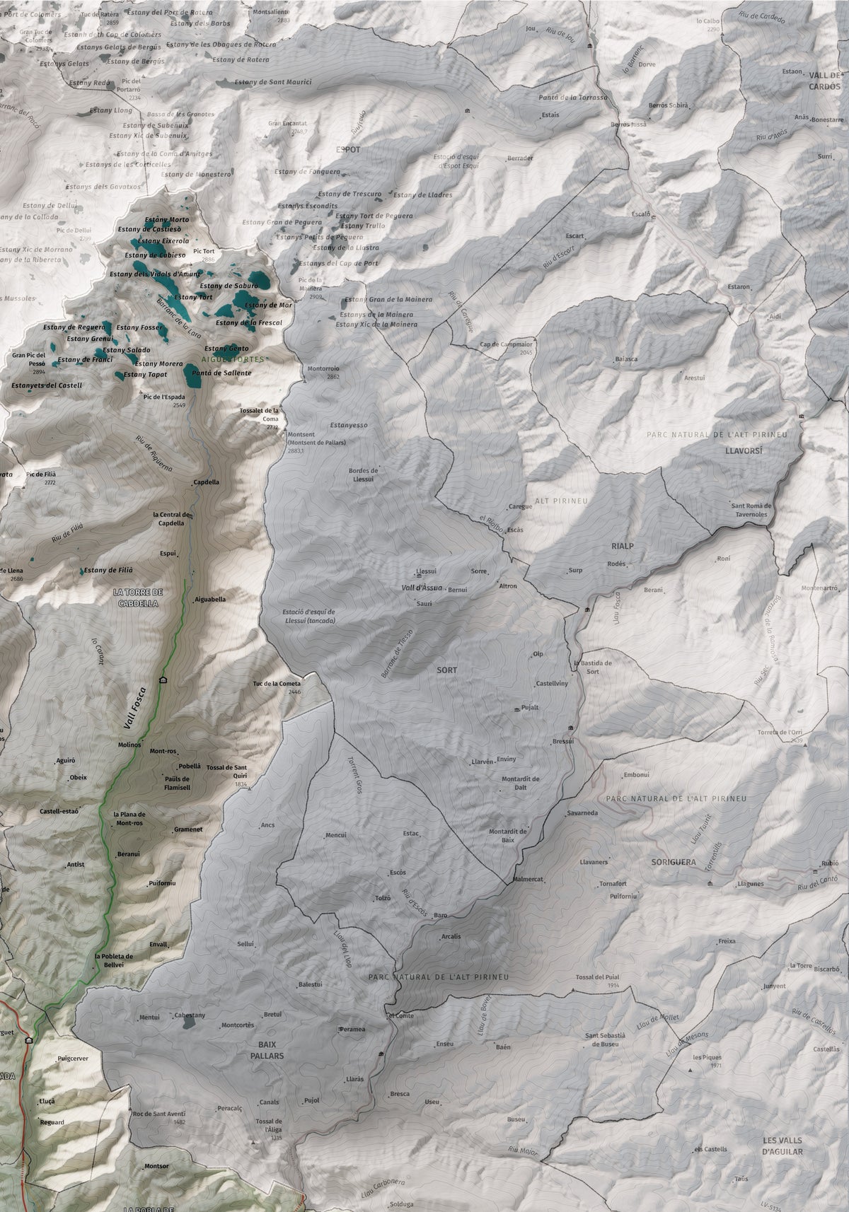 Mapa de relleu del Pallars Jussà, amb el territori en color i l’entorn en blanc. Detall de la part superior dreta. 70 × 100 cm. Estil Cartogràfic.