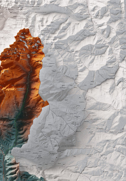 Mapa de relleu del Pallars Jussà, amb el territori en color i l’entorn en blanc. Detall de la part superior dreta. 70 × 100 cm. Estil Blau i taronja.