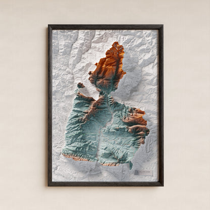 Mapa de relleu del Pallars Jussà, amb el territori en color i l’entorn en blanc. Presentació amb marc. 70 × 100 cm. Estil Blau i taronja.