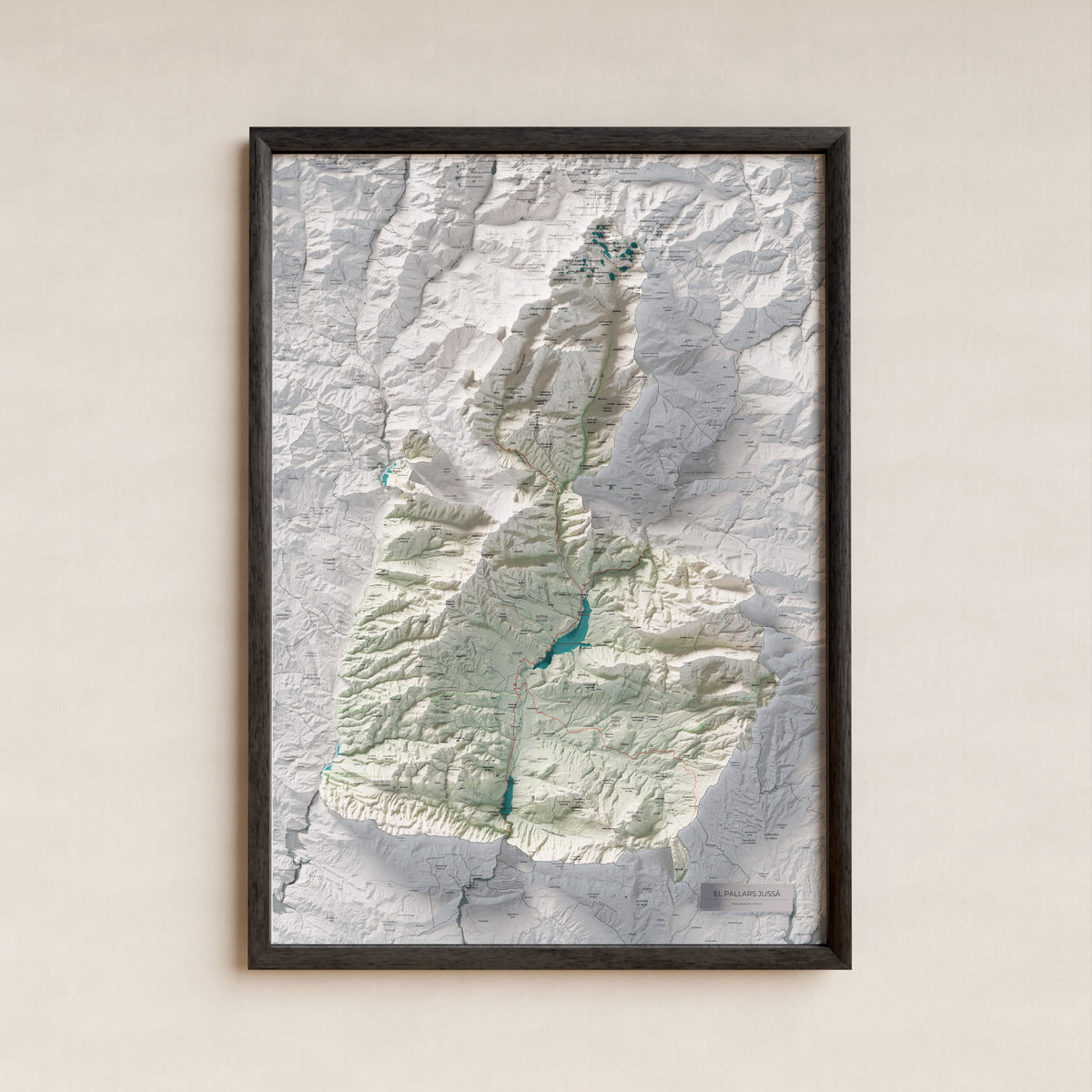Mapa de relleu del Pallars Jussà, amb el territori en color i l’entorn en blanc. Presentació amb marc. 70 × 100 cm. Estil Cartogràfic.