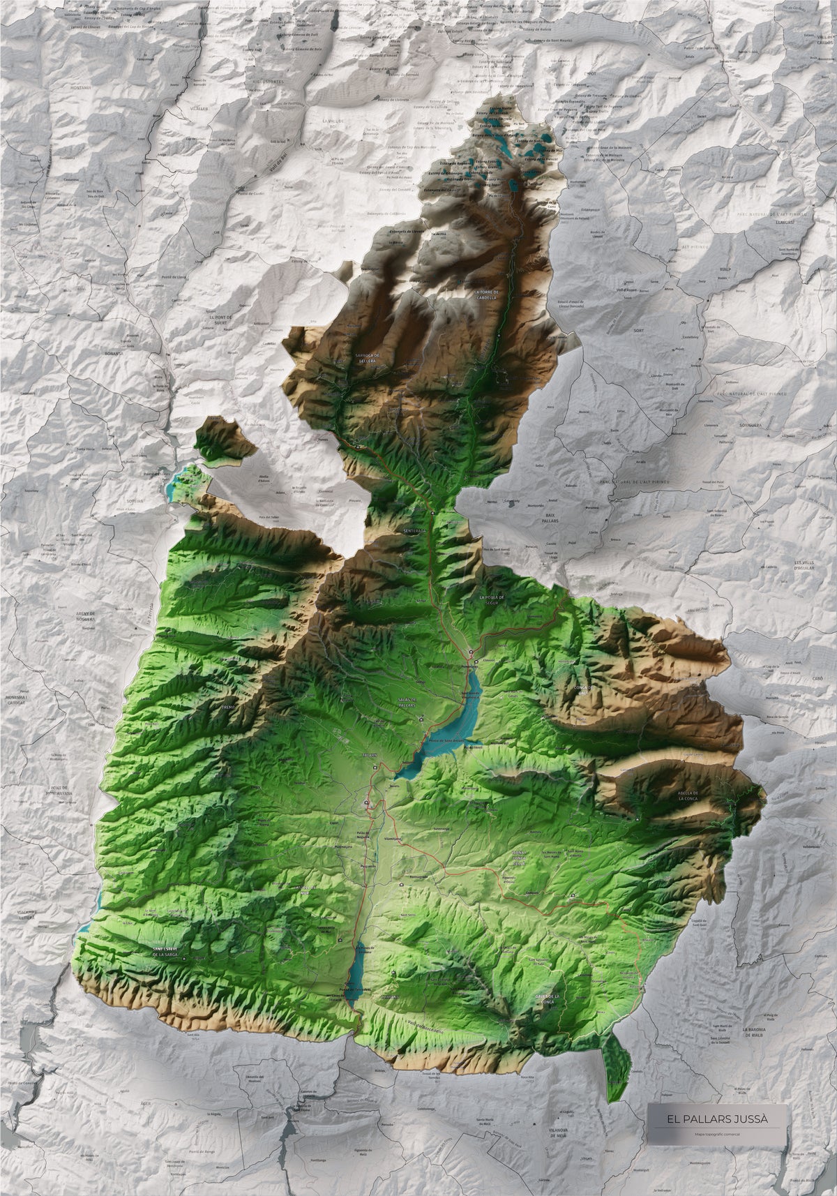 Mapa de relleu del Pallars Jussà, amb el territori en color i l’entorn en blanc. Vista completa de la làmina. 70 × 100 cm. Estil Clàssic.