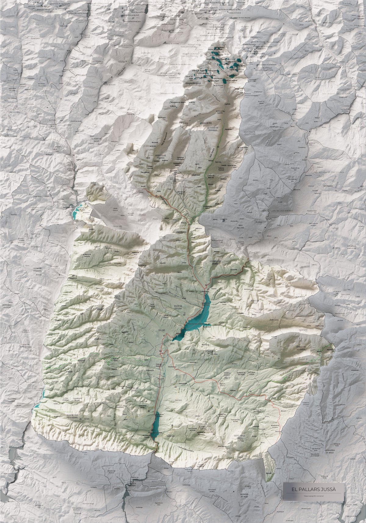 Mapa de relleu del Pallars Jussà, amb el territori en color i l’entorn en blanc. Vista completa de la làmina. 70 × 100 cm. Estil Cartogràfic.