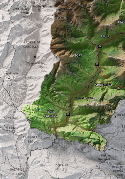 Mapa de relleu del Pallars Sobirà, amb el territori en color i l’entorn en blanc. Detall de la part inferior esquerra. 21 × 30 cm. Estil Clàssic.