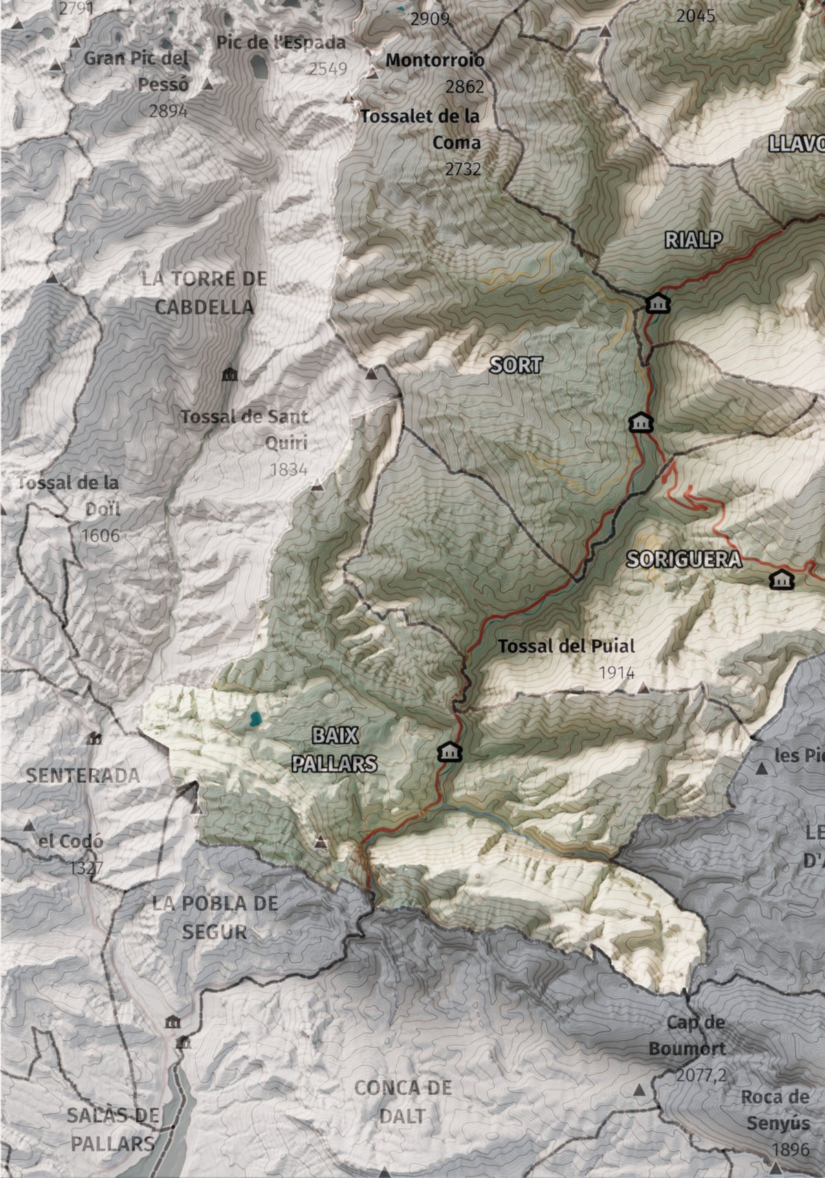 Mapa de relleu del Pallars Sobirà, amb el territori en color i l’entorn en blanc. Detall de la part inferior esquerra. 21 × 30 cm. Estil Cartogràfic.
