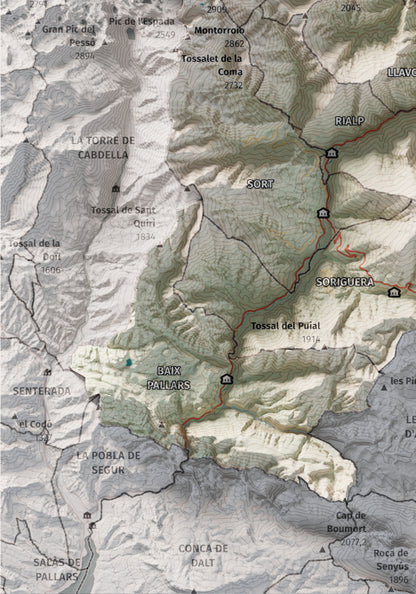Mapa de relleu del Pallars Sobirà, amb el territori en color i l’entorn en blanc. Detall de la part inferior esquerra. 21 × 30 cm. Estil Cartogràfic.