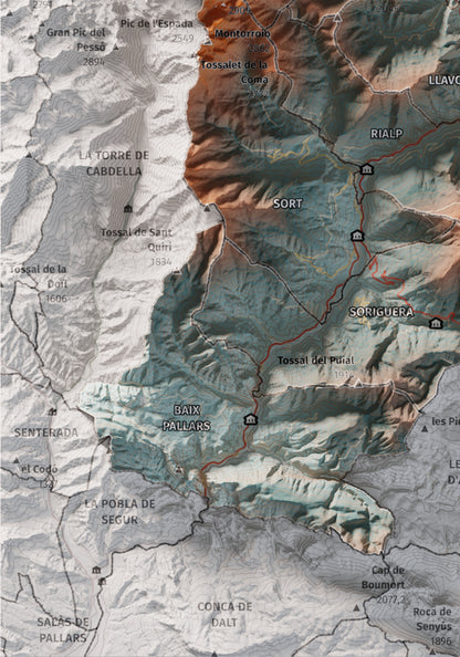 Mapa de relleu del Pallars Sobirà, amb el territori en color i l’entorn en blanc. Detall de la part inferior esquerra. 21 × 30 cm. Estil Blau i taronja.