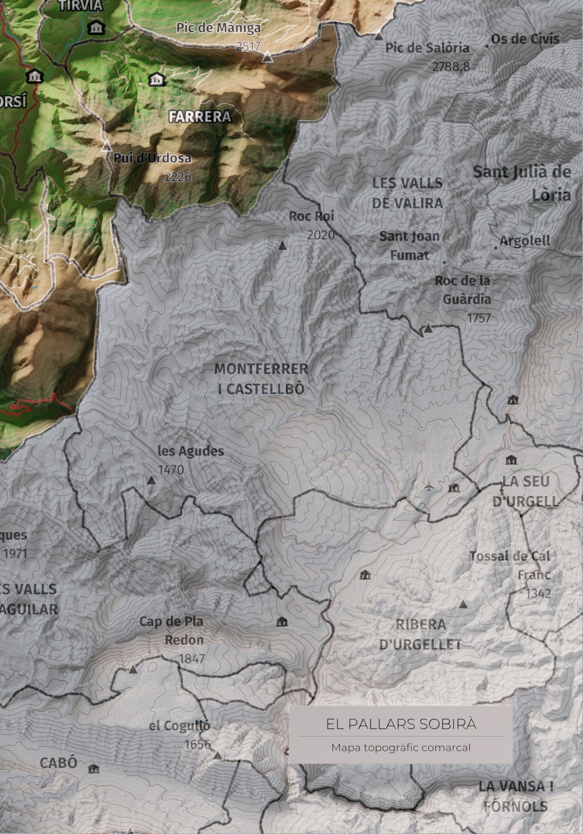 Mapa de relleu del Pallars Sobirà, amb el territori en color i l’entorn en blanc. Detall de la part inferior dreta. 21 × 30 cm. Estil Clàssic.