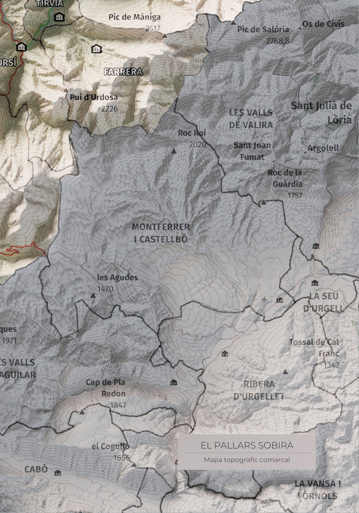Mapa de relleu del Pallars Sobirà, amb el territori en color i l’entorn en blanc. Detall de la part inferior dreta. 21 × 30 cm. Estil Cartogràfic.