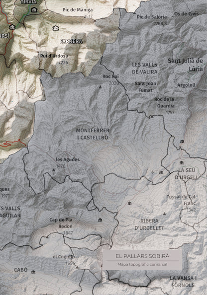 Mapa de relleu del Pallars Sobirà, amb el territori en color i l’entorn en blanc. Detall de la part inferior dreta. 21 × 30 cm. Estil Cartogràfic.