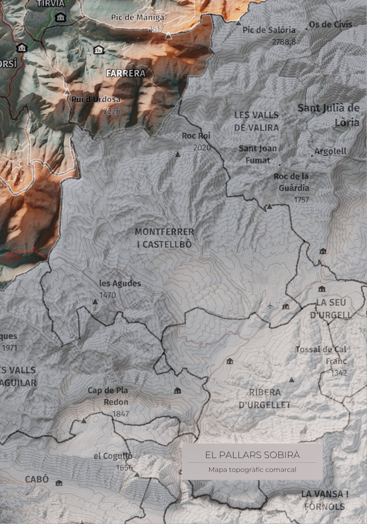 Mapa de relleu del Pallars Sobirà, amb el territori en color i l’entorn en blanc. Detall de la part inferior dreta. 21 × 30 cm. Estil Blau i taronja.