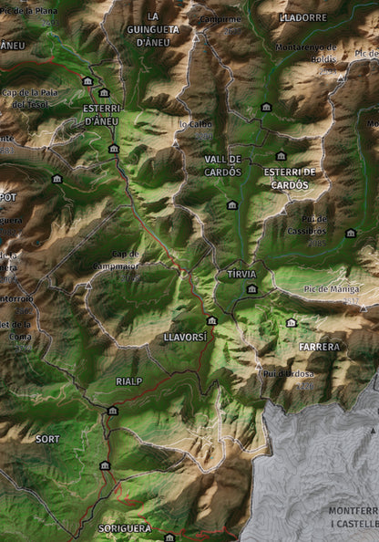 Mapa de relleu del Pallars Sobirà, amb el territori en color i l’entorn en blanc. Detall de la part central. 21 × 30 cm. Estil Clàssic.