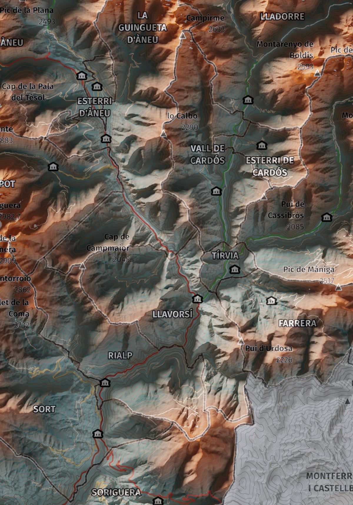 Mapa de relleu del Pallars Sobirà, amb el territori en color i l’entorn en blanc. Detall de la part central. 21 × 30 cm. Estil Blau i taronja.