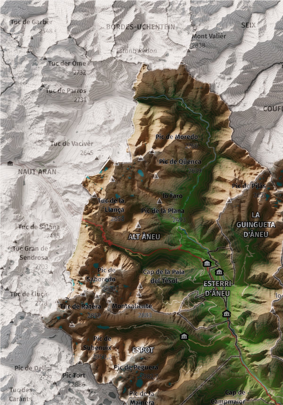 Mapa de relleu del Pallars Sobirà, amb el territori en color i l’entorn en blanc. Detall de la part superior esquerra. 21 × 30 cm. Estil Clàssic.