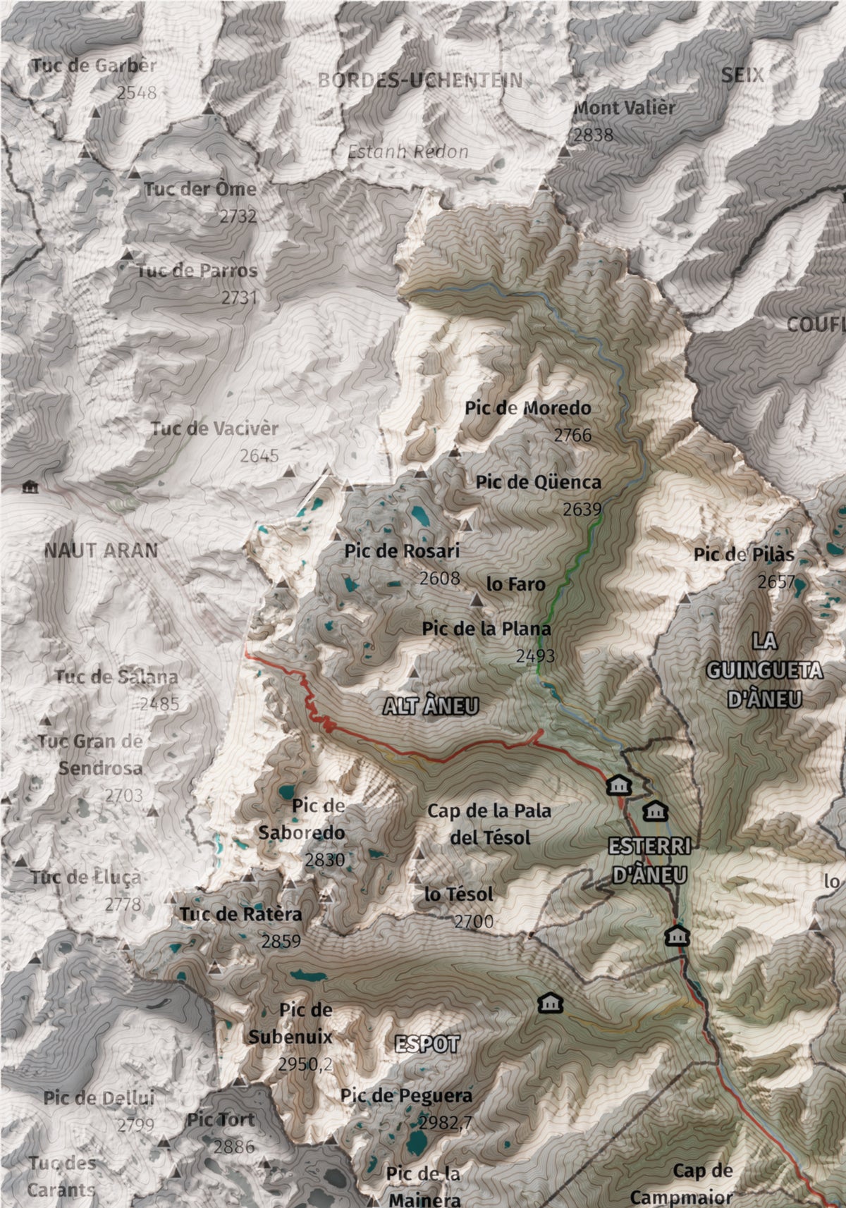 Mapa de relleu del Pallars Sobirà, amb el territori en color i l’entorn en blanc. Detall de la part superior esquerra. 21 × 30 cm. Estil Cartogràfic.