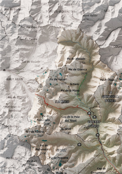 Mapa de relleu del Pallars Sobirà, amb el territori en color i l’entorn en blanc. Detall de la part superior esquerra. 21 × 30 cm. Estil Cartogràfic.