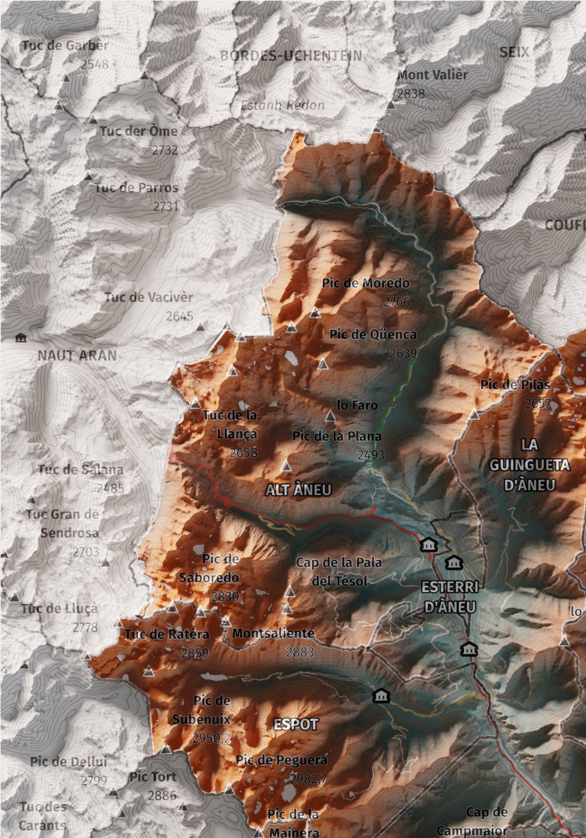 Mapa de relleu del Pallars Sobirà, amb el territori en color i l’entorn en blanc. Detall de la part superior esquerra. 21 × 30 cm. Estil Blau i taronja.