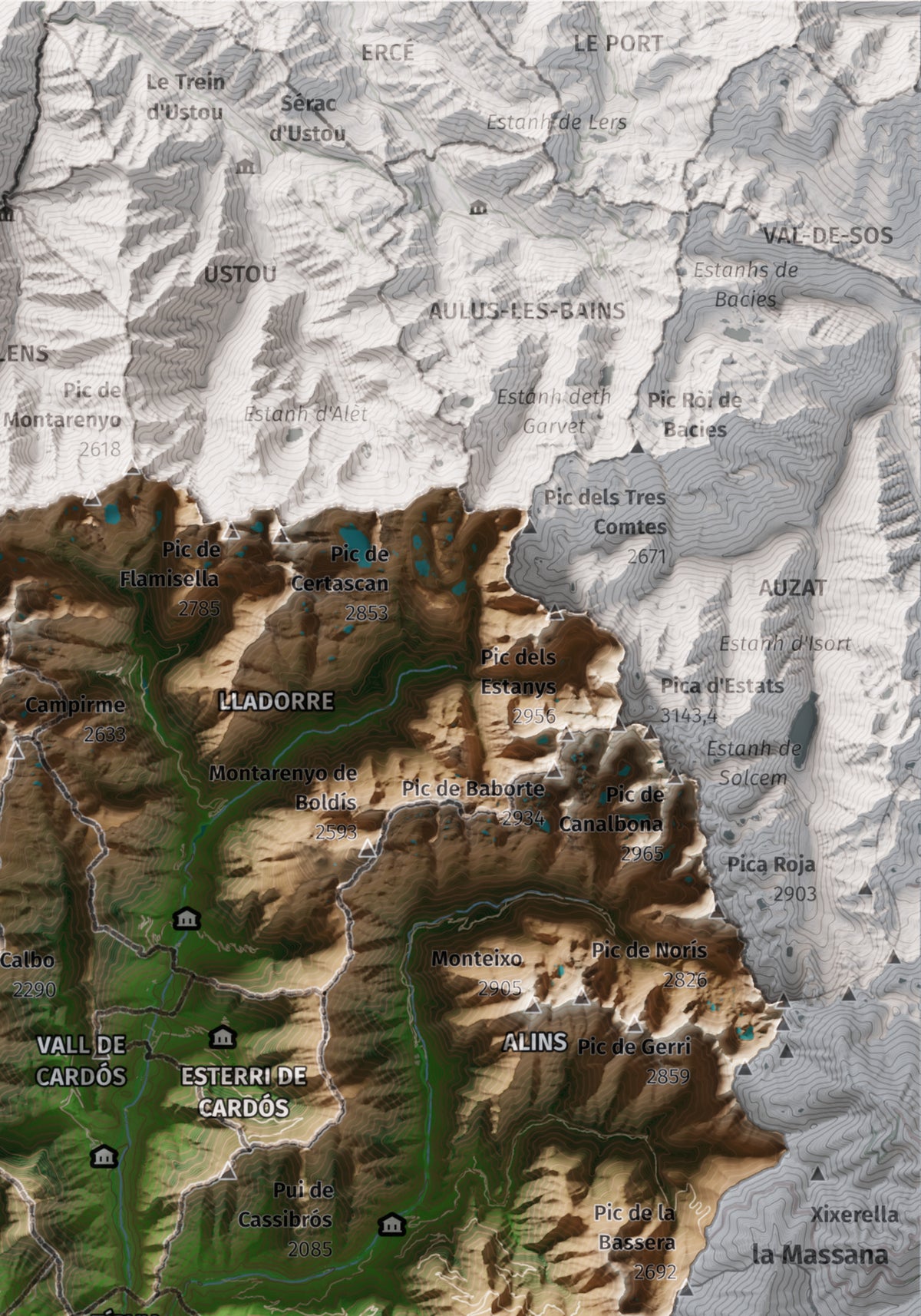 Mapa de relleu del Pallars Sobirà, amb el territori en color i l’entorn en blanc. Detall de la part superior dreta. 21 × 30 cm. Estil Clàssic.