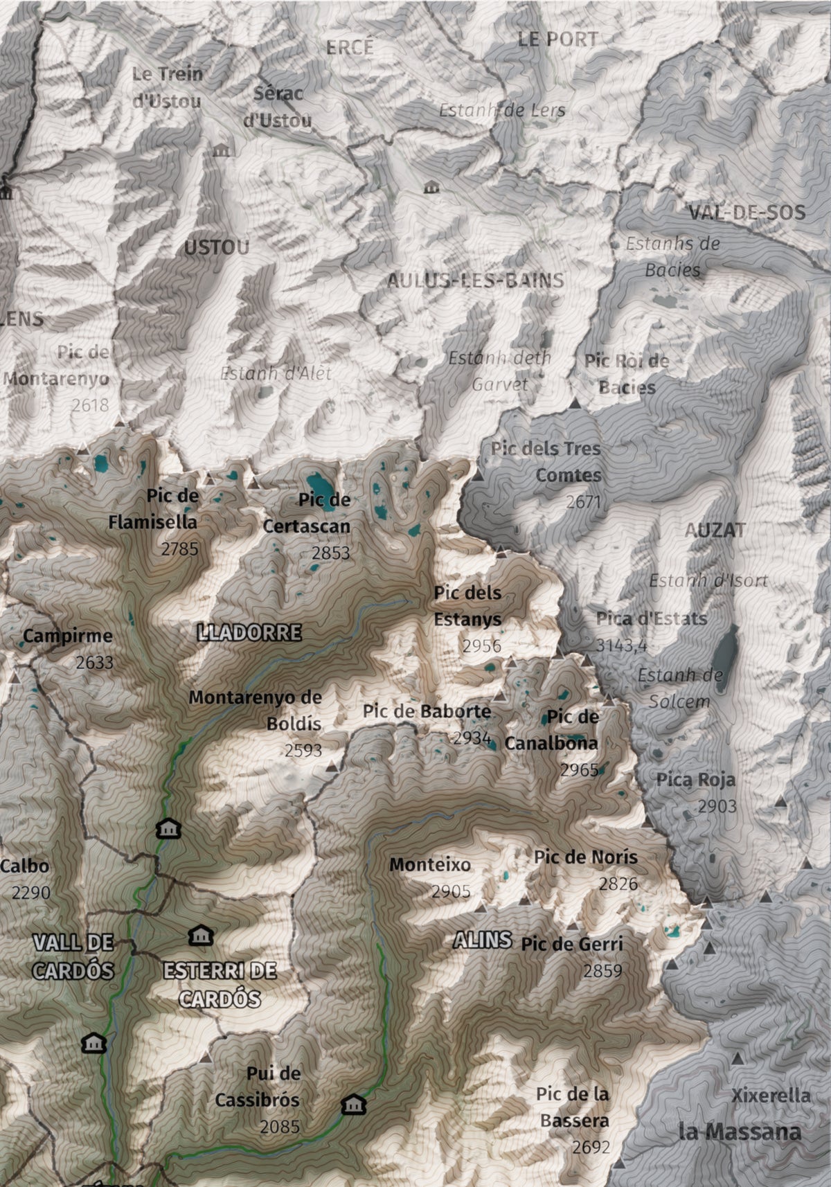 Mapa de relleu del Pallars Sobirà, amb el territori en color i l’entorn en blanc. Detall de la part superior dreta. 21 × 30 cm. Estil Cartogràfic.