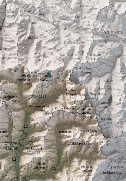 Mapa de relleu del Pallars Sobirà, amb el territori en color i l’entorn en blanc. Detall de la part superior dreta. 21 × 30 cm. Estil Cartogràfic.