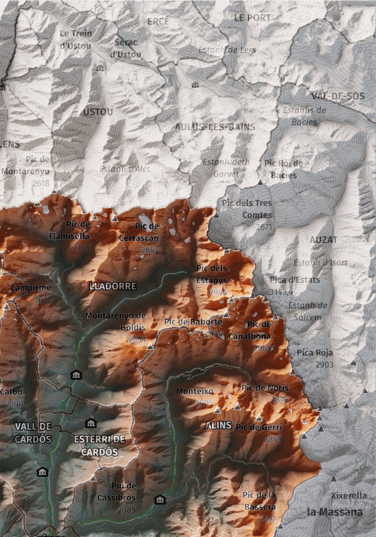 Mapa de relleu del Pallars Sobirà, amb el territori en color i l’entorn en blanc. Detall de la part superior dreta. 21 × 30 cm. Estil Blau i taronja.