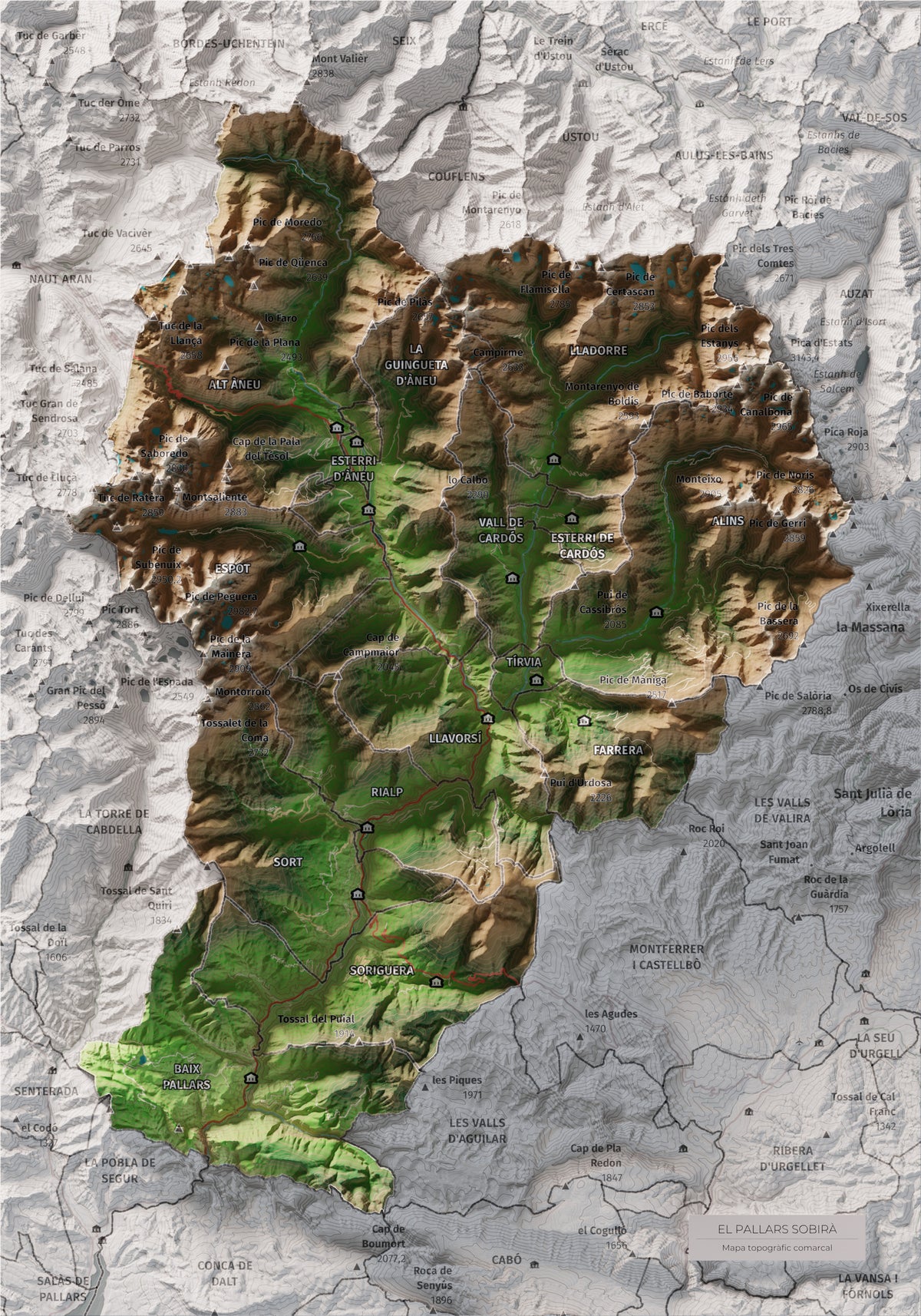 Mapa de relleu del Pallars Sobirà, amb el territori en color i l’entorn en blanc. Vista completa de la làmina. 21 × 30 cm. Estil Clàssic.