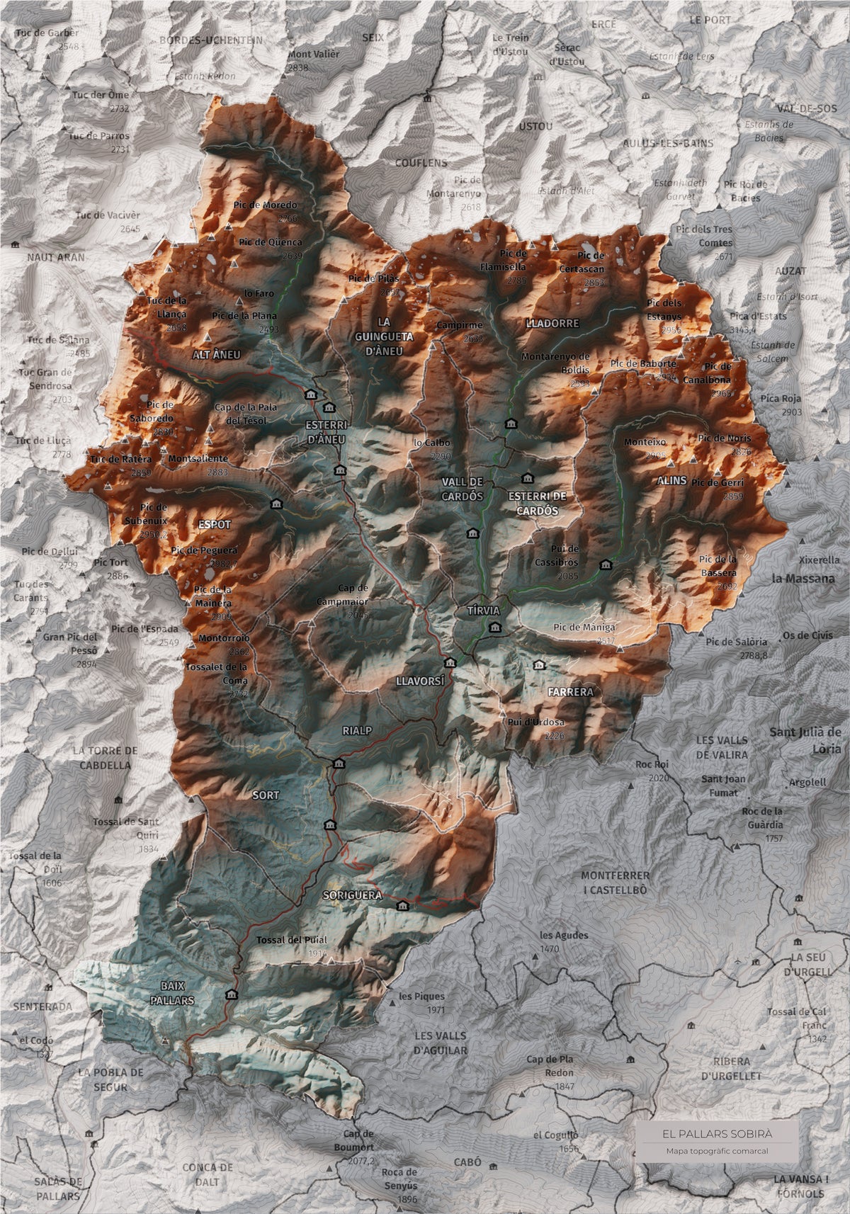 Mapa de relleu del Pallars Sobirà, amb el territori en color i l’entorn en blanc. Vista completa de la làmina. 21 × 30 cm. Estil Blau i taronja.