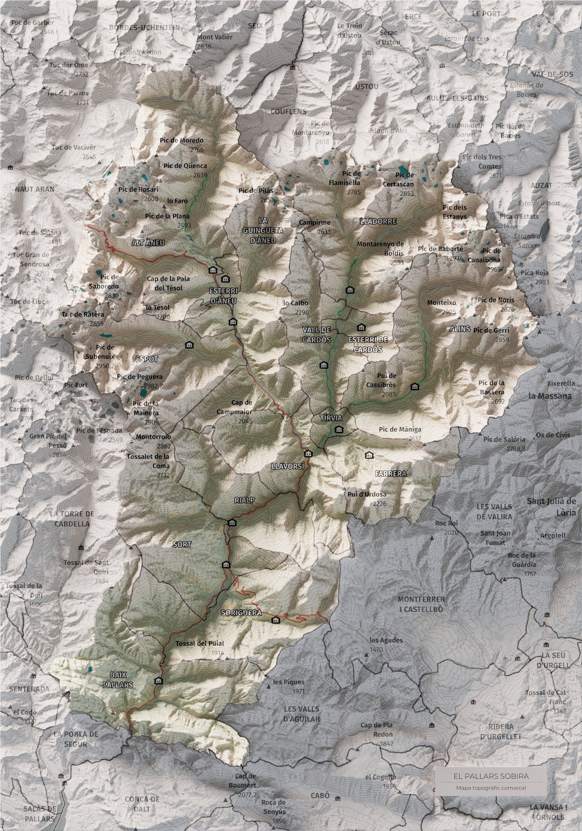 Mapa de relleu del Pallars Sobirà, amb el territori en color i l’entorn en blanc. Vista completa de la làmina. 21 × 30 cm. Estil Cartogràfic.