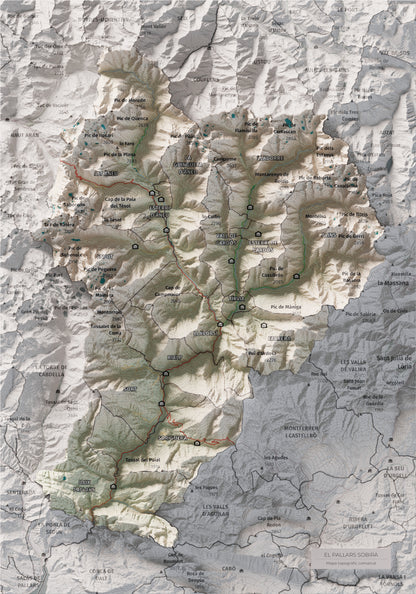 Mapa de relleu del Pallars Sobirà, amb el territori en color i l’entorn en blanc. Vista completa de la làmina. 21 × 30 cm. Estil Cartogràfic.