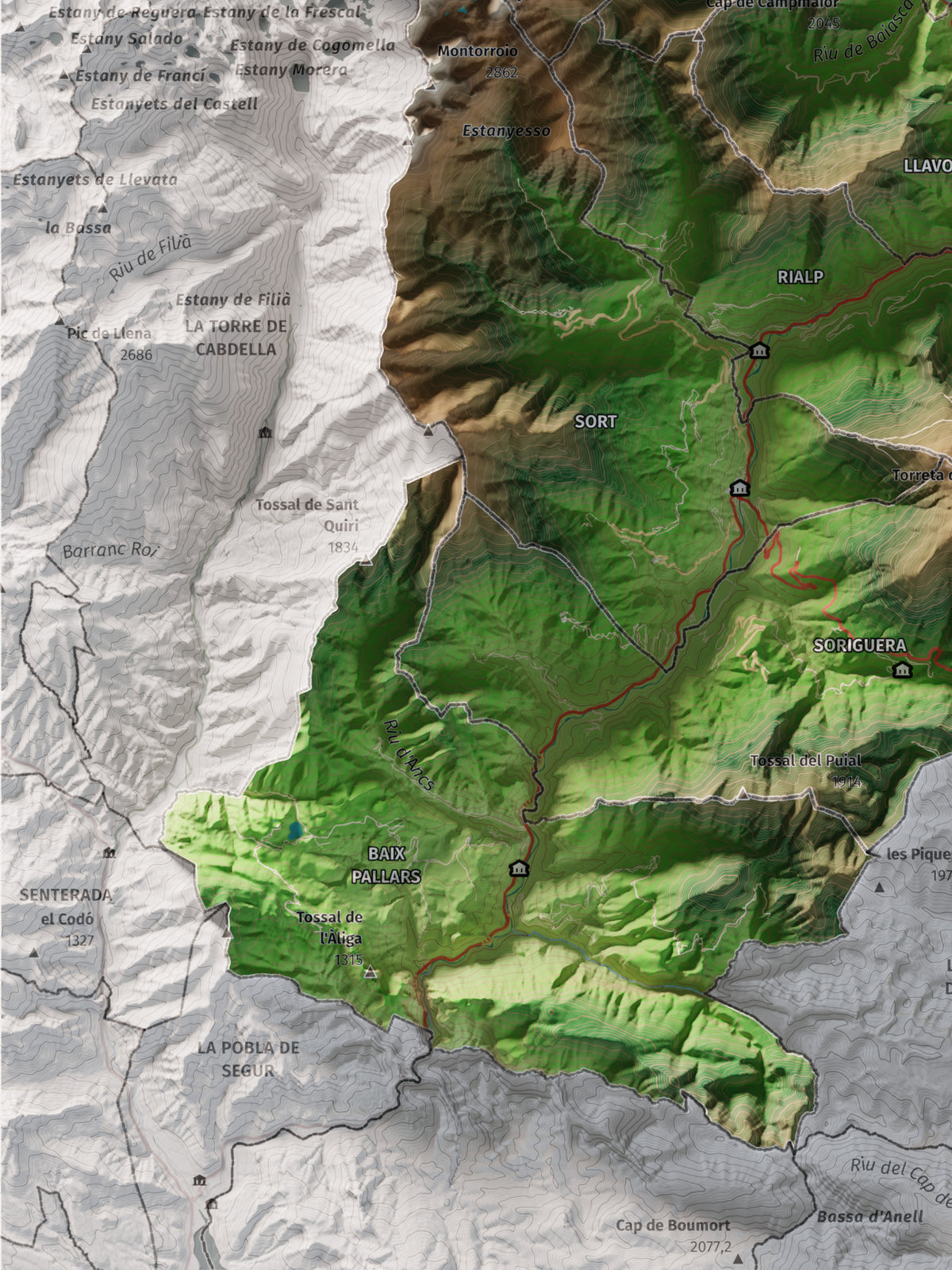 Mapa de relleu del Pallars Sobirà, amb el territori en color i l’entorn en blanc. Detall de la part inferior esquerra. 30 × 40 cm. Estil Clàssic.