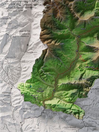 Mapa de relleu del Pallars Sobirà, amb el territori en color i l’entorn en blanc. Detall de la part inferior esquerra. 30 × 40 cm. Estil Clàssic.