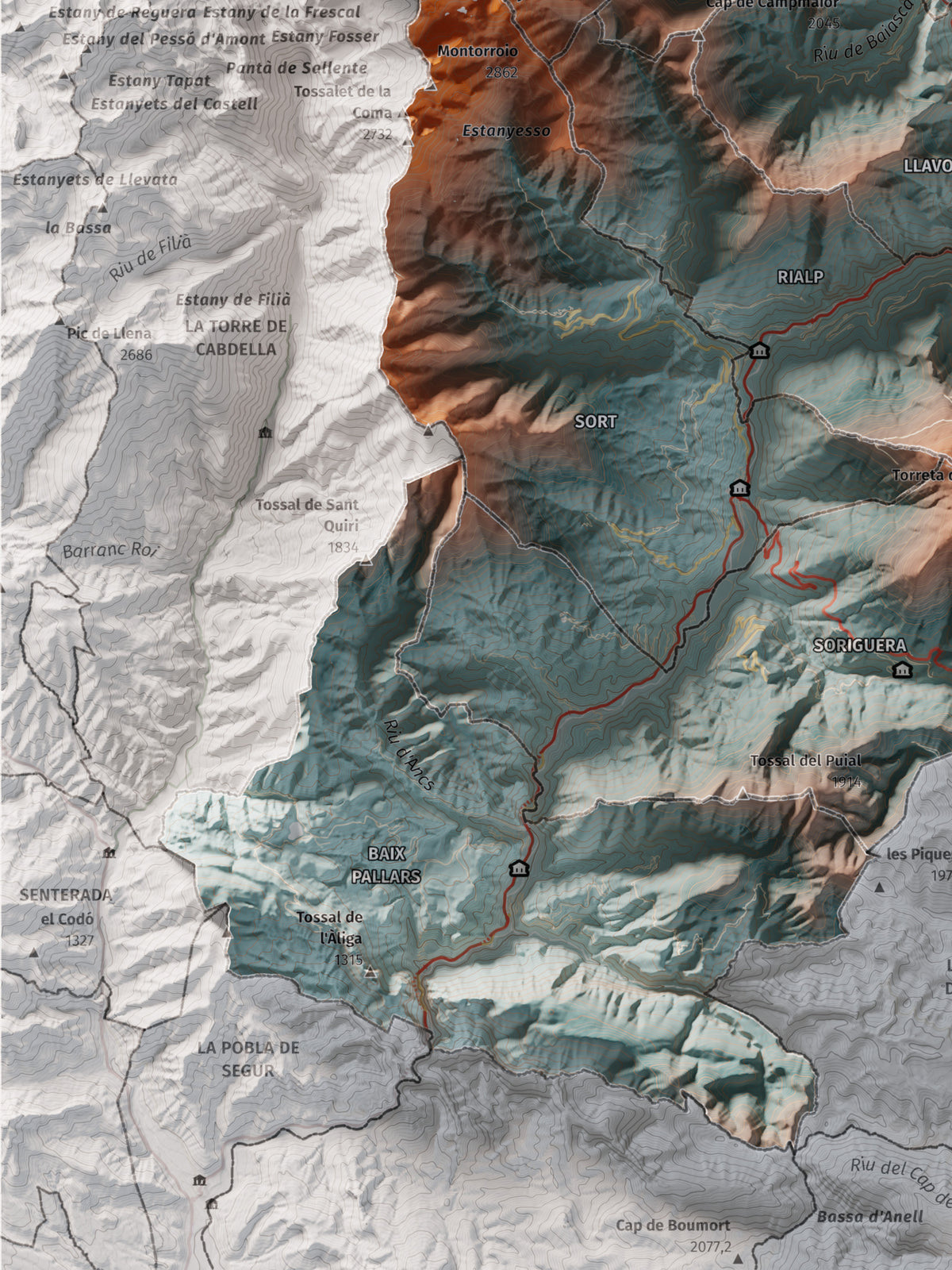 Mapa de relleu del Pallars Sobirà, amb el territori en color i l’entorn en blanc. Detall de la part inferior esquerra. 30 × 40 cm. Estil Blau i taronja.