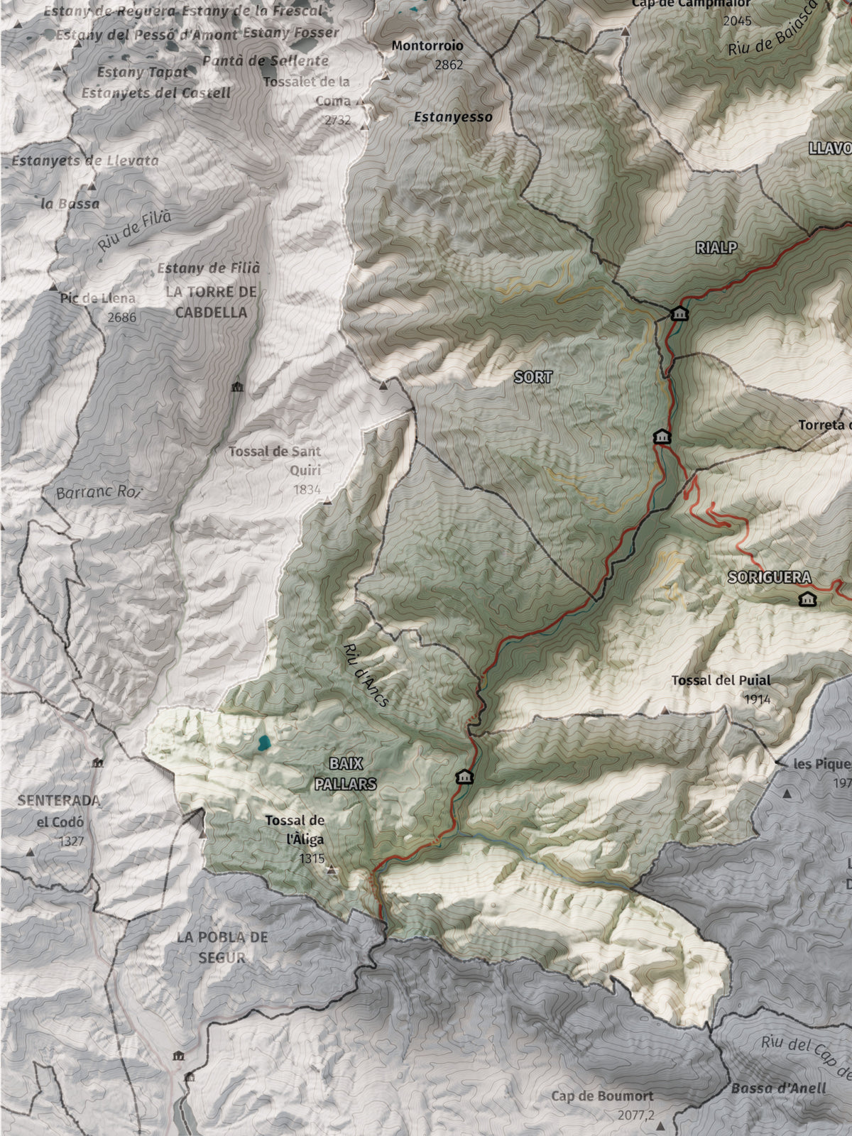 Mapa de relleu del Pallars Sobirà, amb el territori en color i l’entorn en blanc. Detall de la part inferior esquerra. 30 × 40 cm. Estil Cartogràfic.