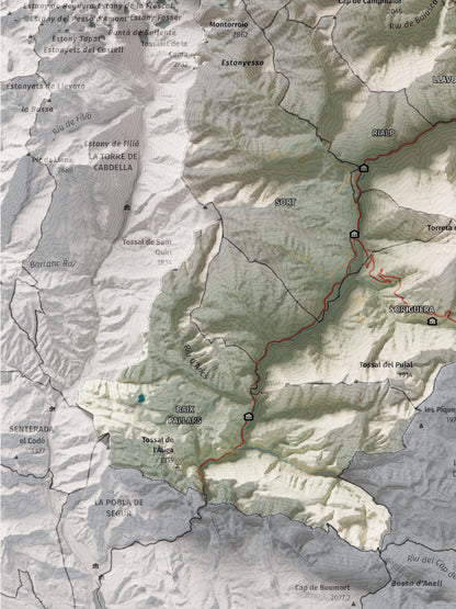 Mapa de relleu del Pallars Sobirà, amb el territori en color i l’entorn en blanc. Detall de la part inferior esquerra. 30 × 40 cm. Estil Cartogràfic.