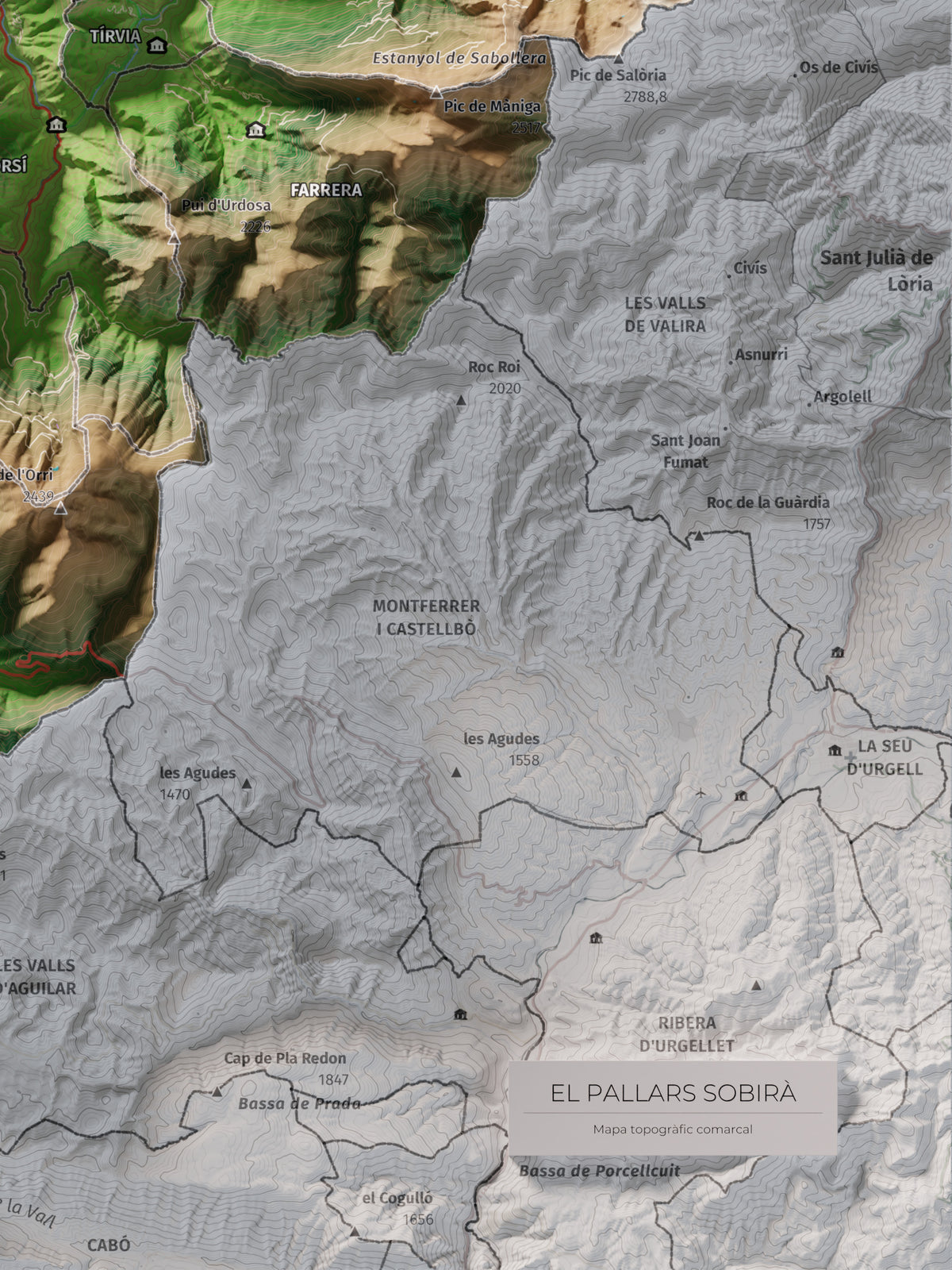 Mapa de relleu del Pallars Sobirà, amb el territori en color i l’entorn en blanc. Detall de la part inferior dreta. 30 × 40 cm. Estil Clàssic.