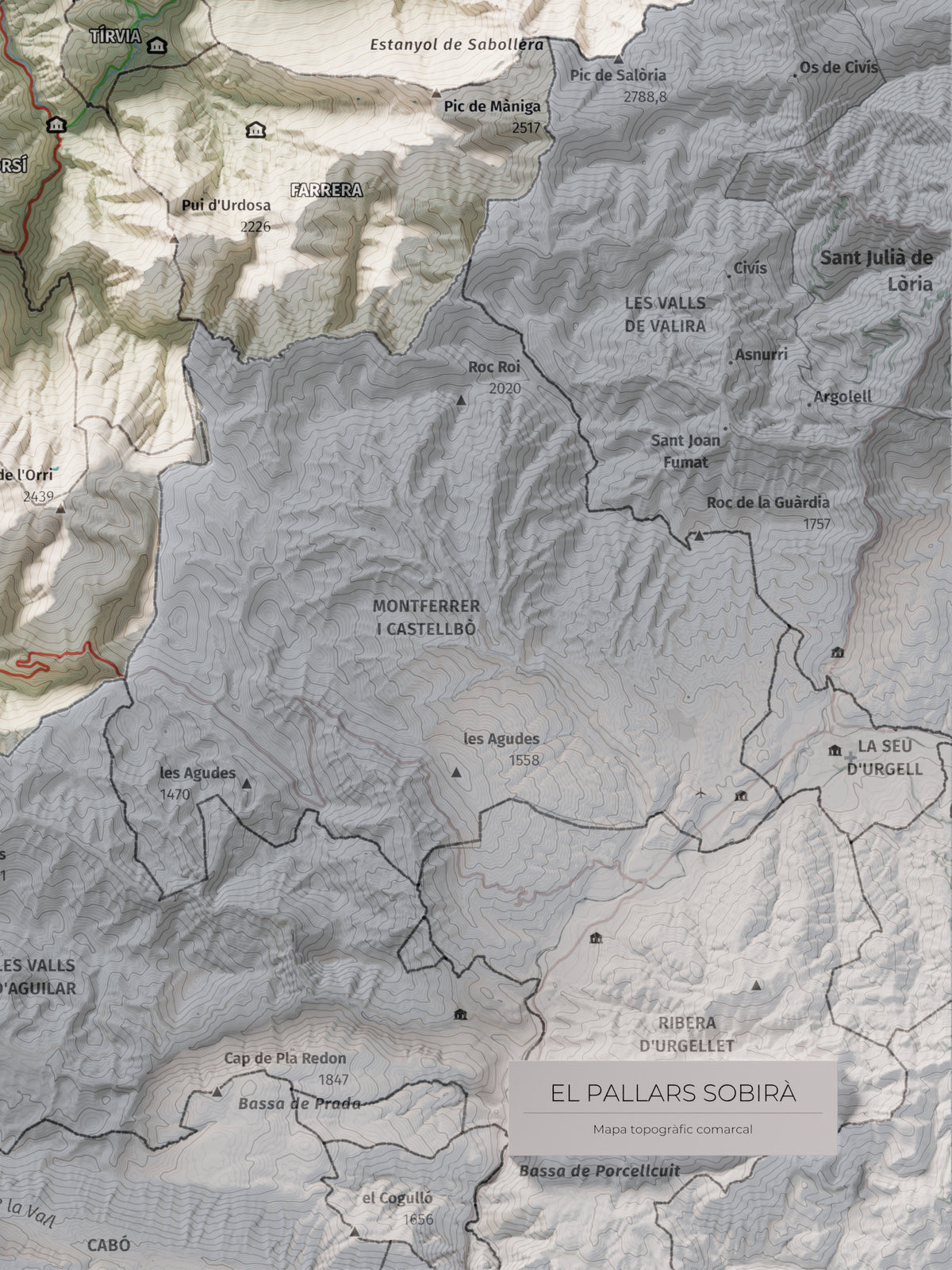 Mapa de relleu del Pallars Sobirà, amb el territori en color i l’entorn en blanc. Detall de la part inferior dreta. 30 × 40 cm. Estil Cartogràfic.