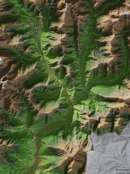 Mapa de relleu del Pallars Sobirà, amb el territori en color i l’entorn en blanc. Detall de la part central. 30 × 40 cm. Estil Clàssic.
