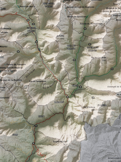 Mapa de relleu del Pallars Sobirà, amb el territori en color i l’entorn en blanc. Detall de la part central. 30 × 40 cm. Estil Cartogràfic.
