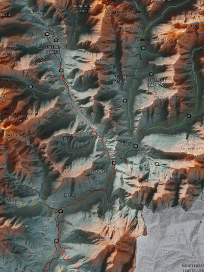 Mapa de relleu del Pallars Sobirà, amb el territori en color i l’entorn en blanc. Detall de la part central. 30 × 40 cm. Estil Blau i taronja.